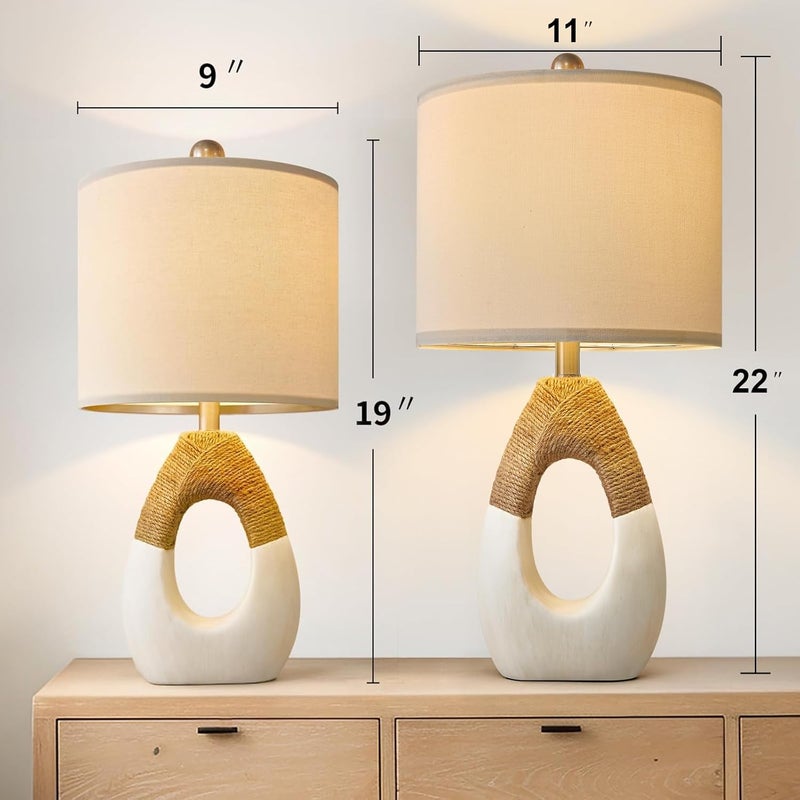OYEARS 22” Boho Table Lamps for Bedroom Living Room Upgraded Set of 2 Medium Farmhouse Rattan Table Lamps, Rustic Home Decoration Nightstand Bedside Lamp for Office (Not Include Bulbs) - Image 2